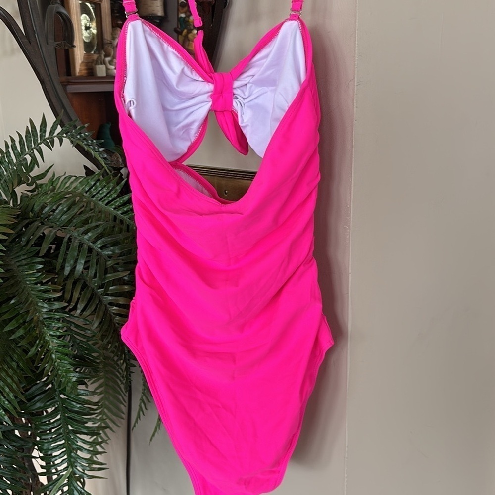 Brand New Tempt Me Hot Pink Tie Up Halter One-Piece Swimsuit Cutout Ruched Retro - Picture 9 of 16